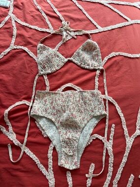 Shirred Princess Polly Two-Piece Bikini Set in Ivory with Pink Flowers